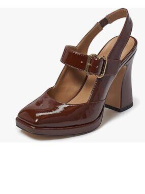 FYS Chocolate Platform Square Toe Chunky High Heel Mary Janes Slingback Pumps